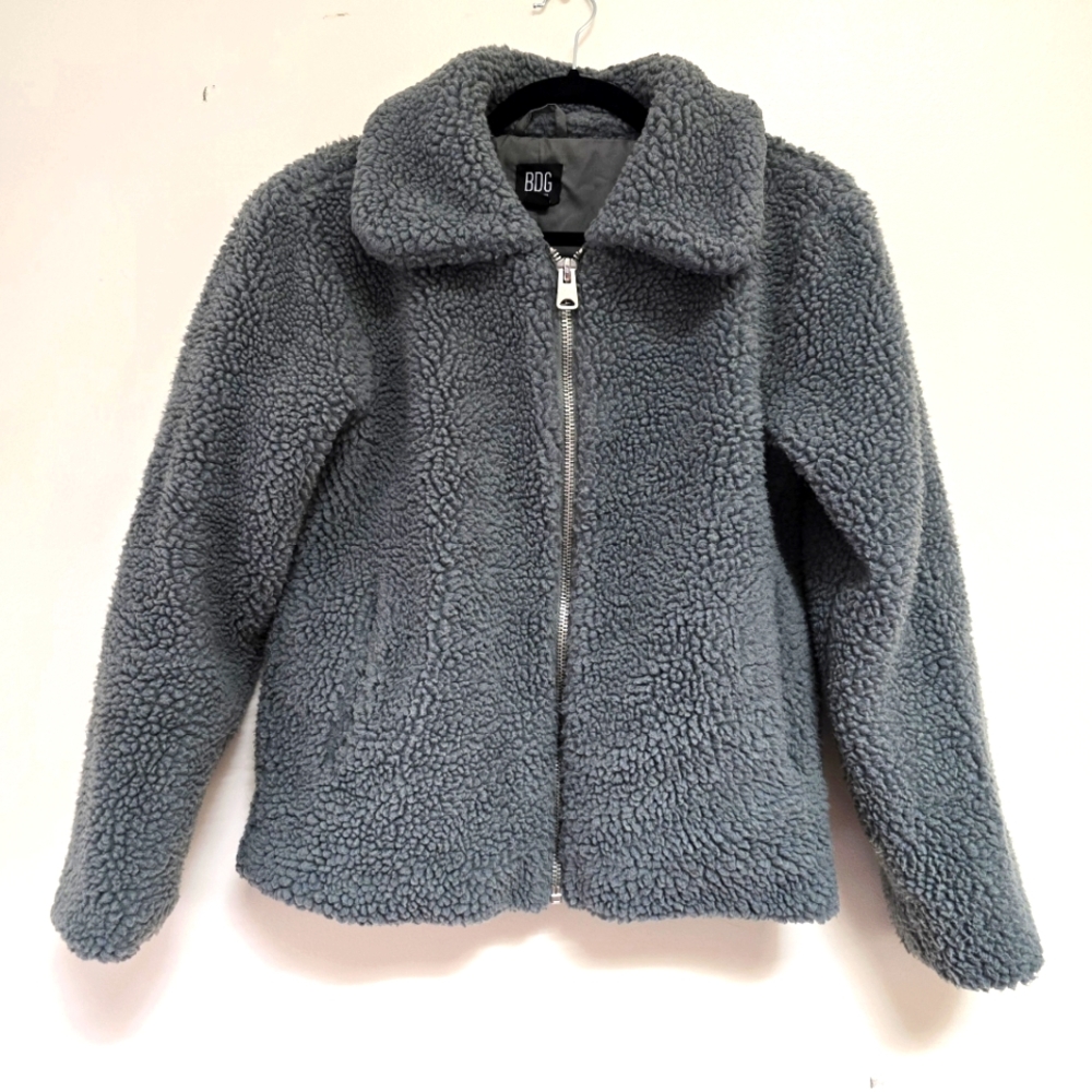 BDG Sage Gray Green Sherpa Teddy  Jacket Jacket Size S-P - Picture 2 of 13